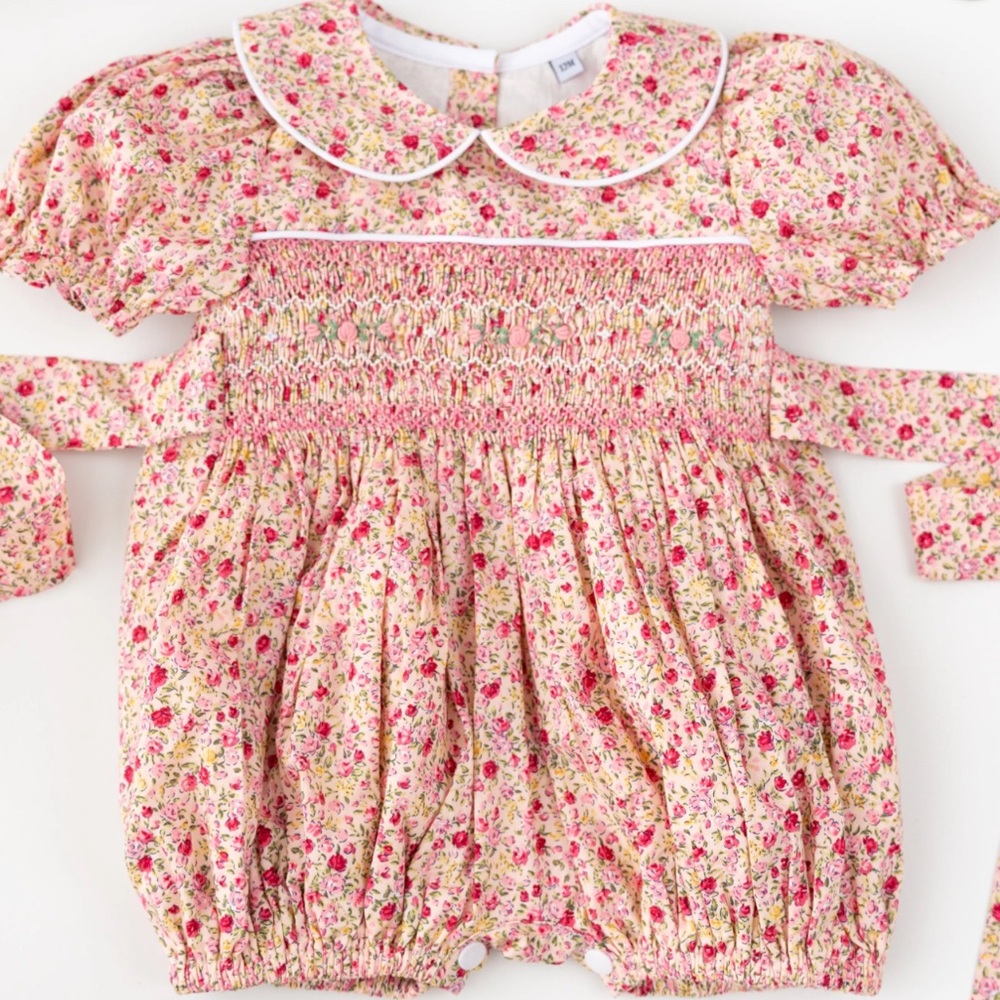 Peas n Pods Smocked Floral Baby Romper with Lace Trim